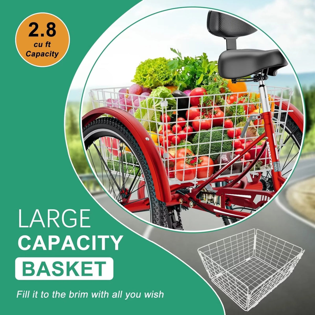 MOPHOTO 24 Tricycle pour adulte, Vélo à 3 roues 7 vitesses avec panier pour les courses, l'exercice, Tricycle avec selle réglable pour hommes, femmes et seniors
