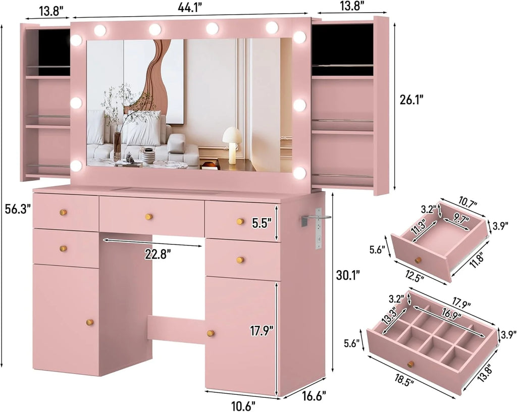 Coiffeuse blanche avec grand miroir lumineux et prise électrique, table de maquillage avec plateau en verre et tiroirs, rangement coulissant, grande coiffeuse de maquillage de 44,1 pour femmes et filles, blanche