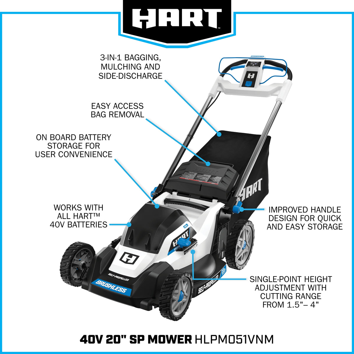 Kit de tondeuse autotractée sans balais HART 40 volts de 20 pouces, (1) batterie lithium-ion 6,0 Ah