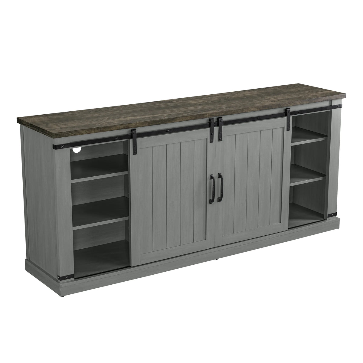 Meuble TV rustique FESTIVO pour téléviseur 75 pouces, centre de divertissement, meuble TV avec porte de grange coulissante, console TV de 68 pouces, meuble multimédia de salon avec étagère réglable - Blanc cassé