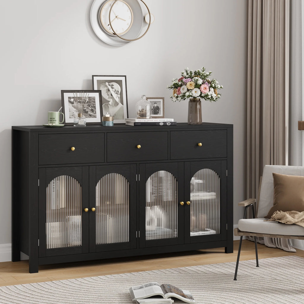 Homfa Grand buffet de 55'', meuble de rangement de cuisine avec 3 tiroirs et 4 portes vitrées, meuble bar en bois pour salon, blanc