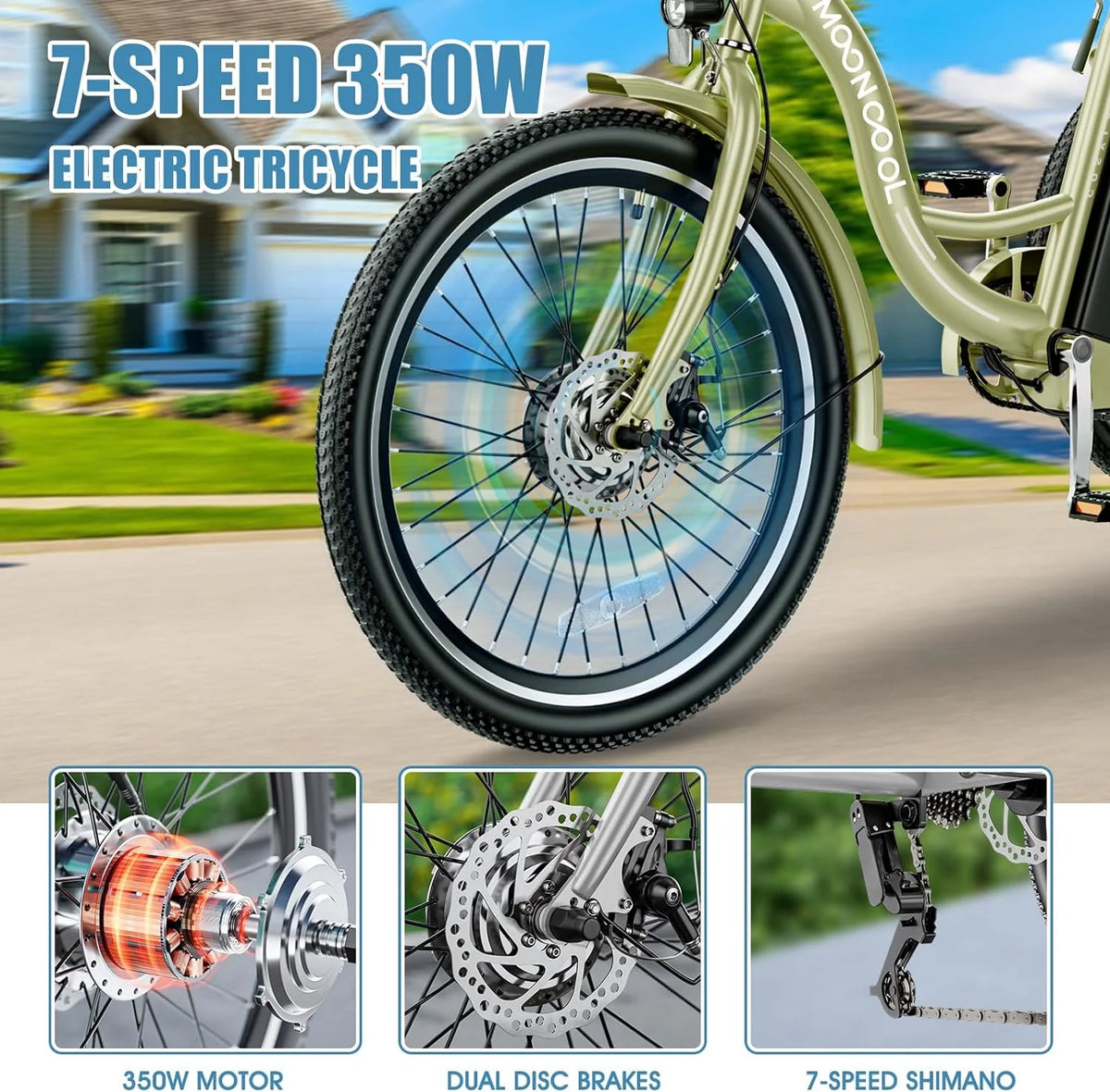 Tricycles électriques ABORON 24 26, batterie au lithium 36 V 10 Ah 350 W, triporteur électrique 7 vitesses pour adultes avec grand panier arrière et siège réglable
