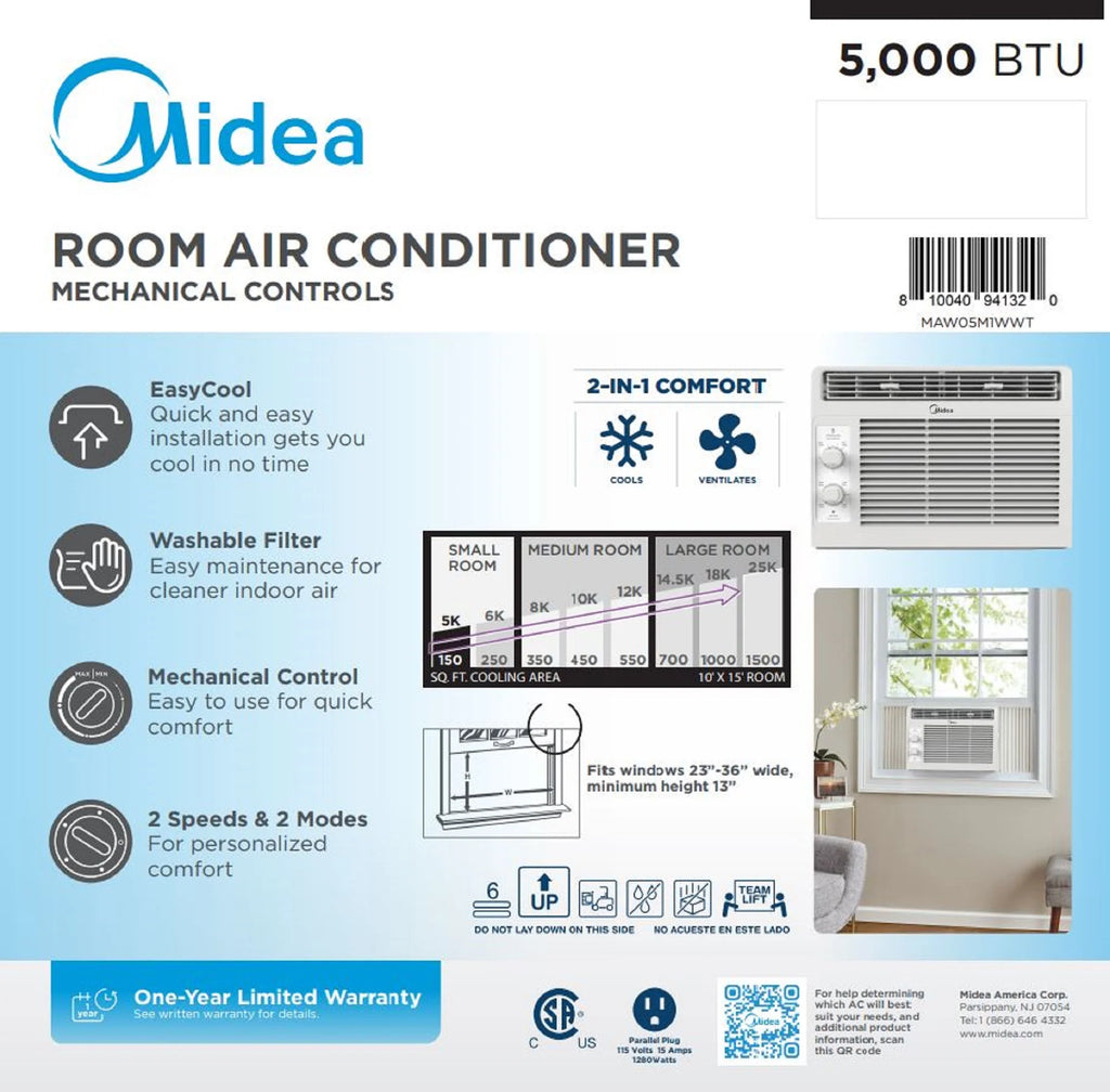 Climatiseur de fenêtre mécanique Midea 5 000 BTU pour 150 pi², blanc, MAW05M1WWT, neuf