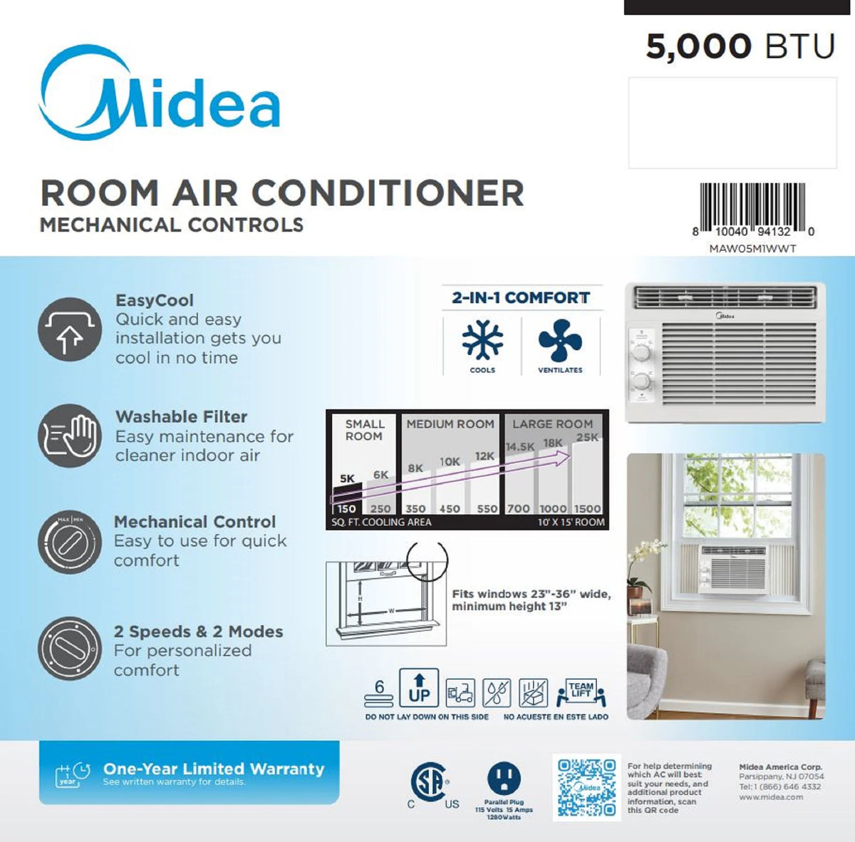 Climatiseur de fenêtre mécanique Midea 5 000 BTU pour 150 pi², blanc, MAW05M1WWT, neuf
