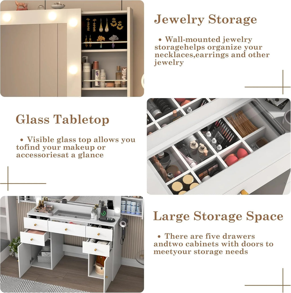 Coiffeuse blanche avec grand miroir lumineux et prise électrique, table de maquillage avec plateau en verre et tiroirs, rangement coulissant, grande coiffeuse de maquillage de 44,1 pour femmes et filles, blanche