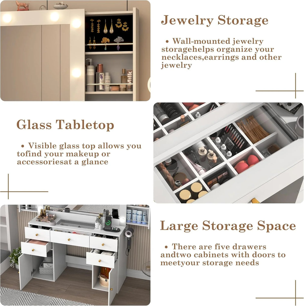 Coiffeuse blanche avec grand miroir lumineux et prise électrique, table de maquillage avec plateau en verre et tiroirs, rangement coulissant, grande coiffeuse de maquillage de 44,1 pour femmes et filles, blanche