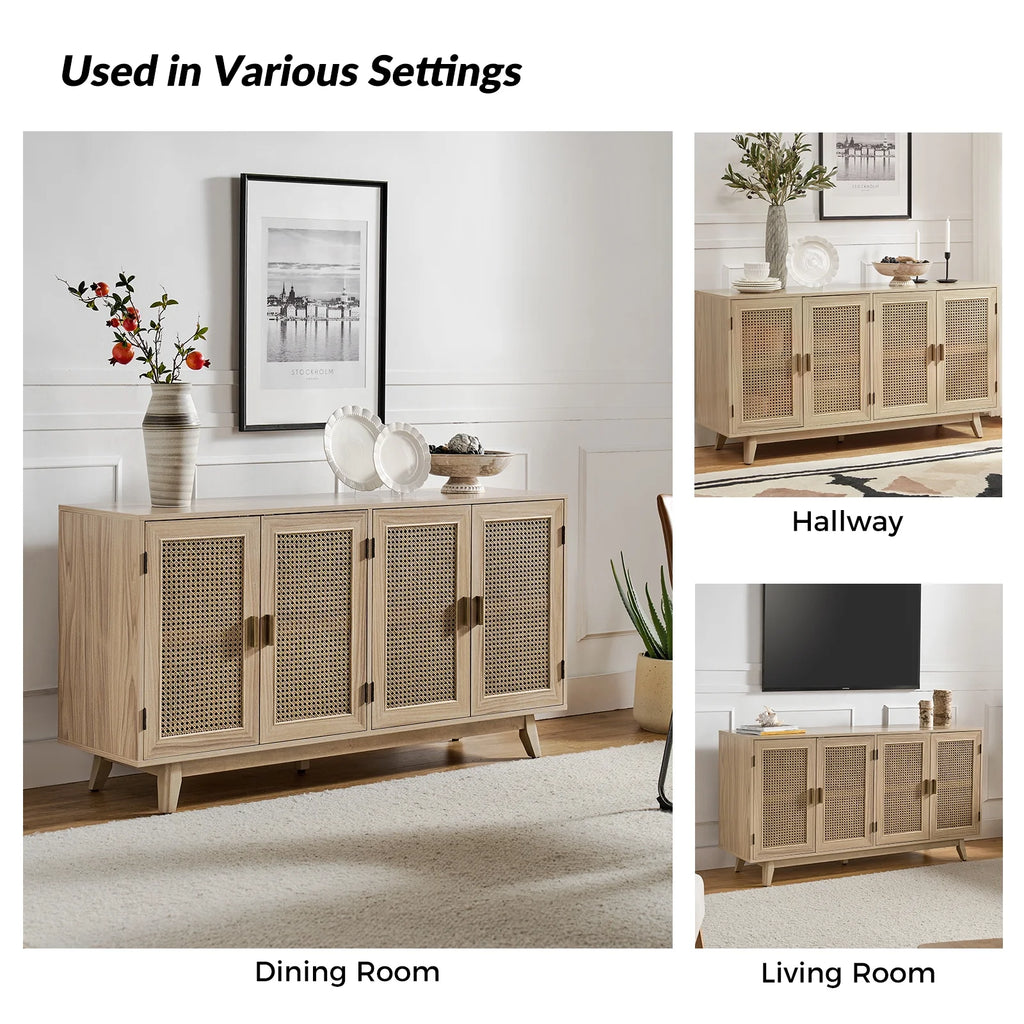 Buffet Boho en bois à 3 portes, meuble de rangement avec portes en rotin, noyer