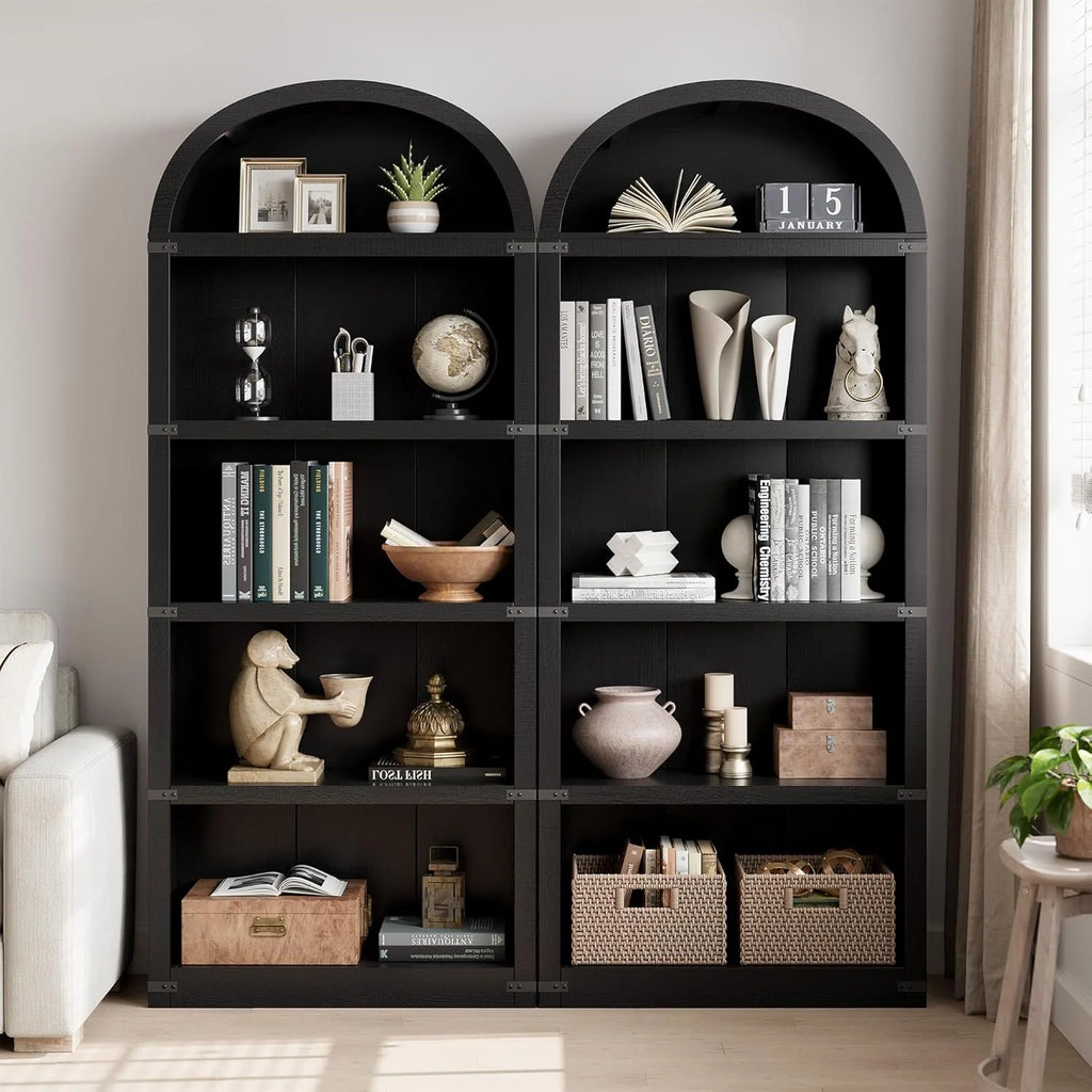 Bibliothèque à 5 étagères avec arche, 182 cm de haut, meuble de rangement et d’exposition de style rustique en bois pour bureau, salon ou maison (blanc)