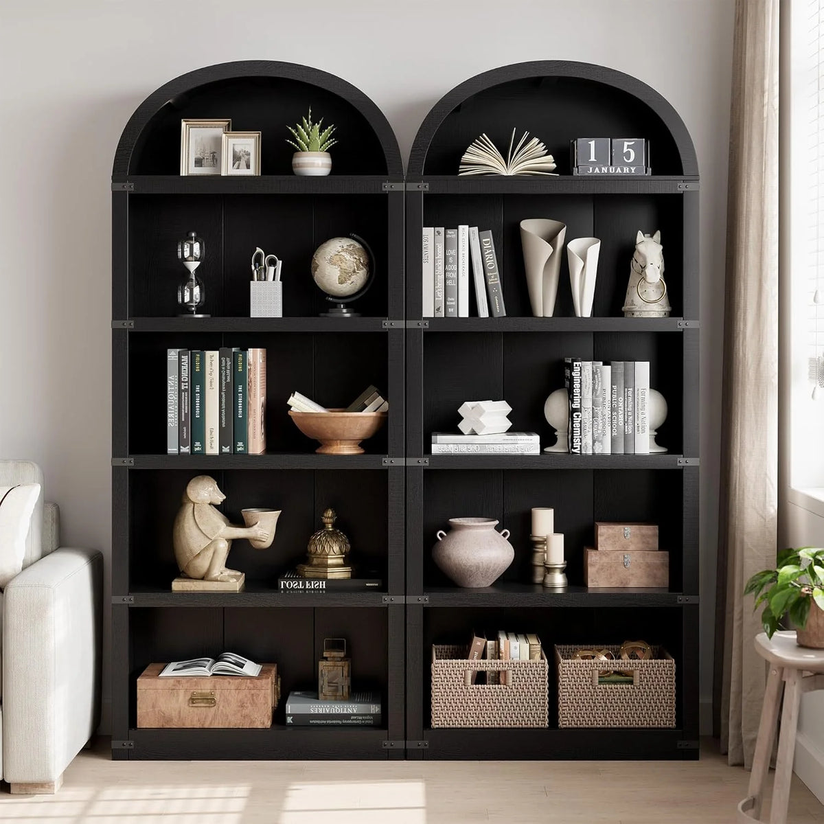 Bibliothèque à 5 étagères avec arche, 182 cm de haut, meuble de rangement et d’exposition de style rustique en bois pour bureau, salon ou maison (blanc)