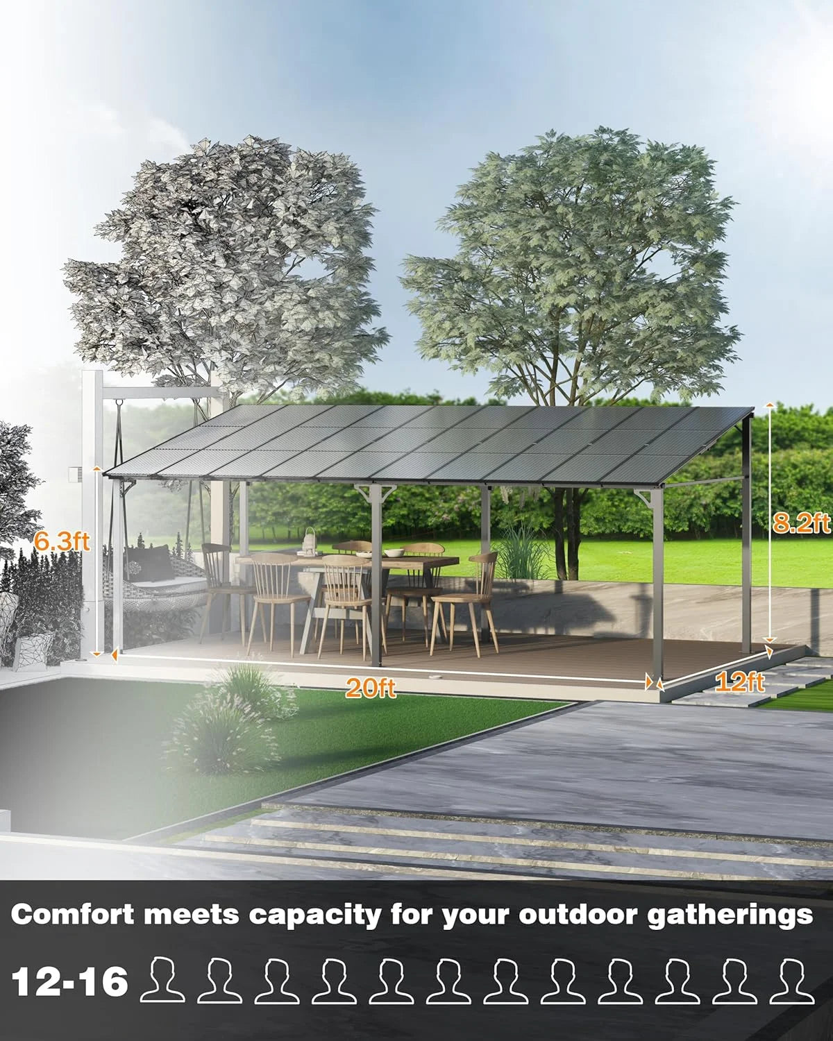 Pinypikaka Gazebo d'extérieur à toit rigide 12'x20', Pergola adossée avec toit pour pelouse, terrasse, deck, jardin, fête