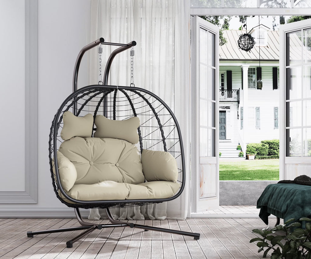 Bifanuo Fauteuil œuf balancelle double en osier, canapé suspendu pliant avec support, coussins amovibles résistants aux UV, capacité de 700 lb pour chambre, balcon (noir et beige)