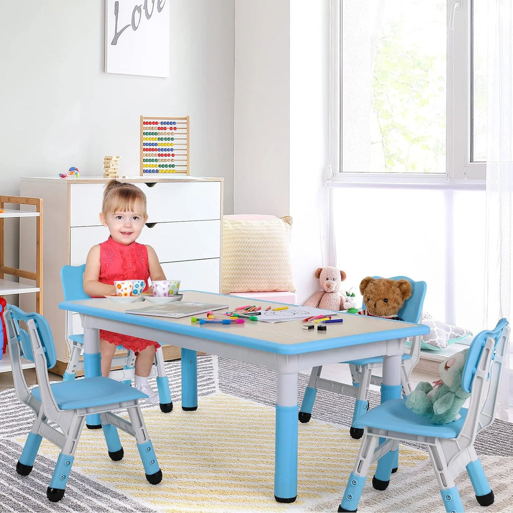 Ensemble table et 4 chaises pour enfants LAZY BUDDY, bureau réglable en hauteur pour tout-petits avec plateau graffiti, ensemble de table d’activités pour enfants pour crèche et maison