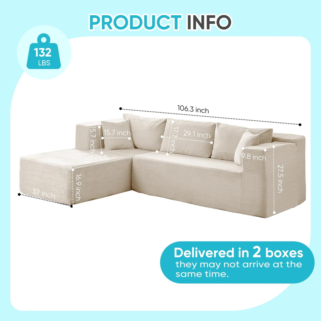 Canapé d’angle ZAFLY 106 Cloud avec méridienne, sans assemblage, canapé-lit en L, canapé modulable surdimensionné à assise profonde pour salon – droite, noir