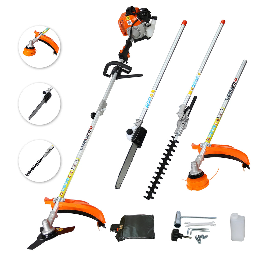 Coupe-bordures à essence 52 cm³, Sesslife 4-en-1 avec tronçonneuse télescopique, taille-haie, coupe-herbe, débroussailleuse, tondeuse à gazon 2 temps avec vilebrequin complet pour jardin, orange