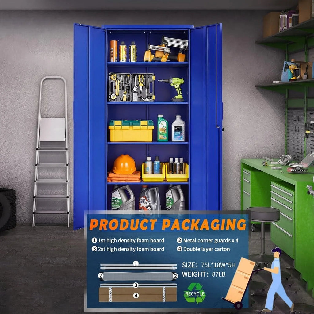 Armoire de rangement en métal Fesbos pour garage avec 2 portes et 4 étagères réglables - Classeur en acier verrouillable de 71, armoire à outils verrouillable pour bureau, maison, garage, salle de sport (Bleu)