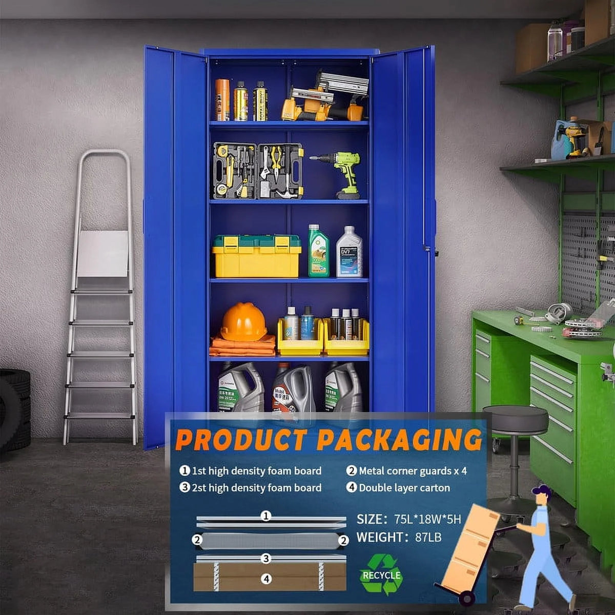 Armoire de rangement en métal Fesbos pour garage avec 2 portes et 4 étagères réglables - Classeur en acier verrouillable de 71, armoire à outils verrouillable pour bureau, maison, garage, salle de sport (Bleu)