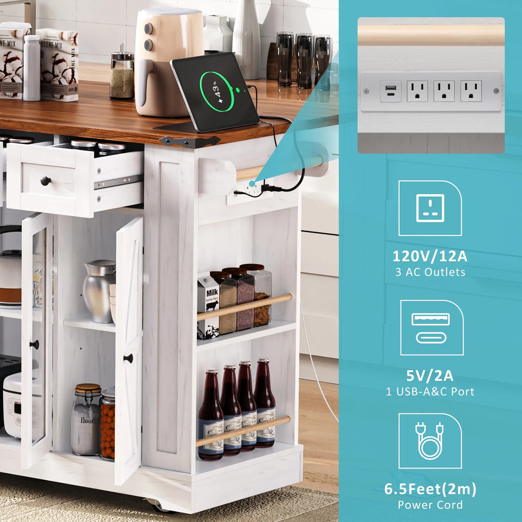 Euroco Îlot de cuisine style ferme de 53'' avec deux portes de placard en verre trempéDesserte de cuisine roulante sur roulettes