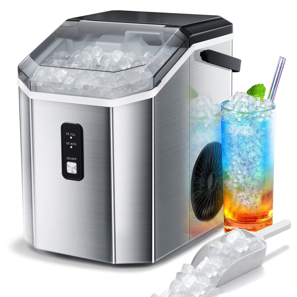 Machine à glaçons Auseo SS Nugget de comptoir avec glaçons tendres à mâcher, 35 lbs/24 h, autonettoyante, pelle à glaçons, acier inoxydable argenté, pour cuisine/bureau/fête