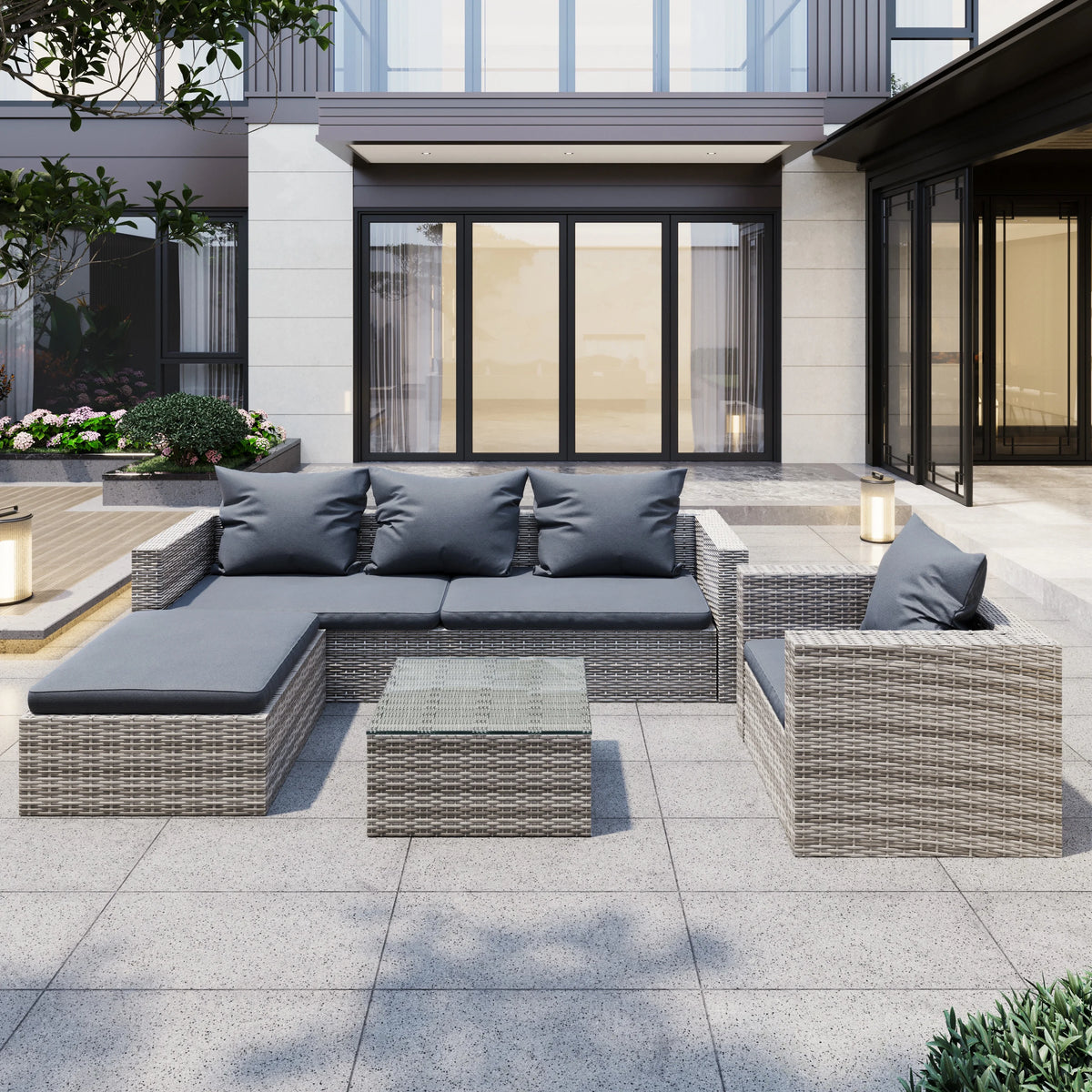 Ensemble de canapés de jardin en rotin, 4 pièces, salon d’angle d’extérieur en résine tressée PE résistante aux intempéries, ensemble de conversation avec coussins et table en verre pour terrasse, jardin, bord de piscine ou deck