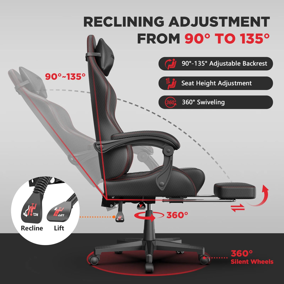 Fauteuil gaming Luxvie avec repose-pieds, fauteuil de bureau ergonomique pour ordinateur avec massage, soutien lombaire et appui-tête, dossier haut, style vintage, pour adultes et enfants, noir