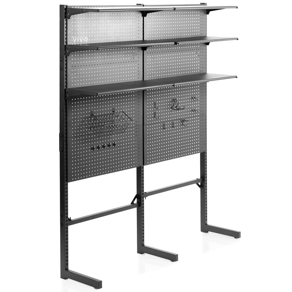 Système de panneau perforé modulaire autoportant noir VIVO avec rangement sur 3 niveaux