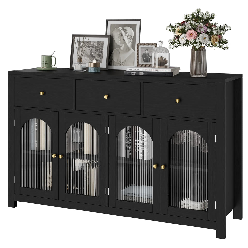 Homfa Grand buffet de 55'', meuble de rangement de cuisine avec 3 tiroirs et 4 portes vitrées, meuble bar en bois pour salon, blanc