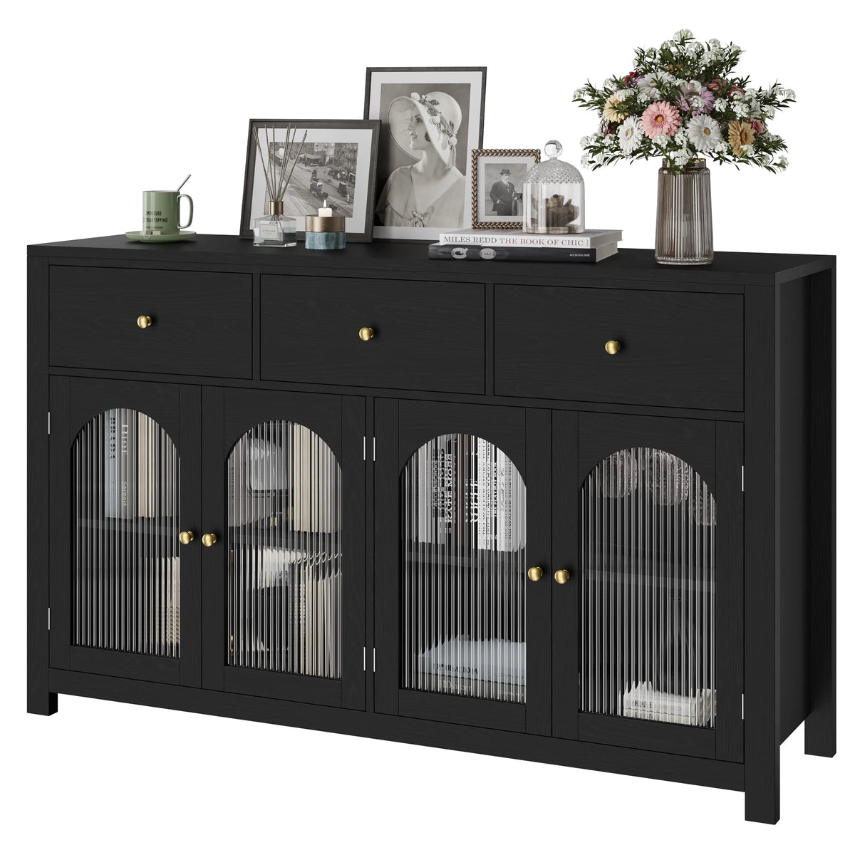 Homfa Grand buffet de 55'', meuble de rangement de cuisine avec 3 tiroirs et 4 portes vitrées, meuble bar en bois pour salon, blanc