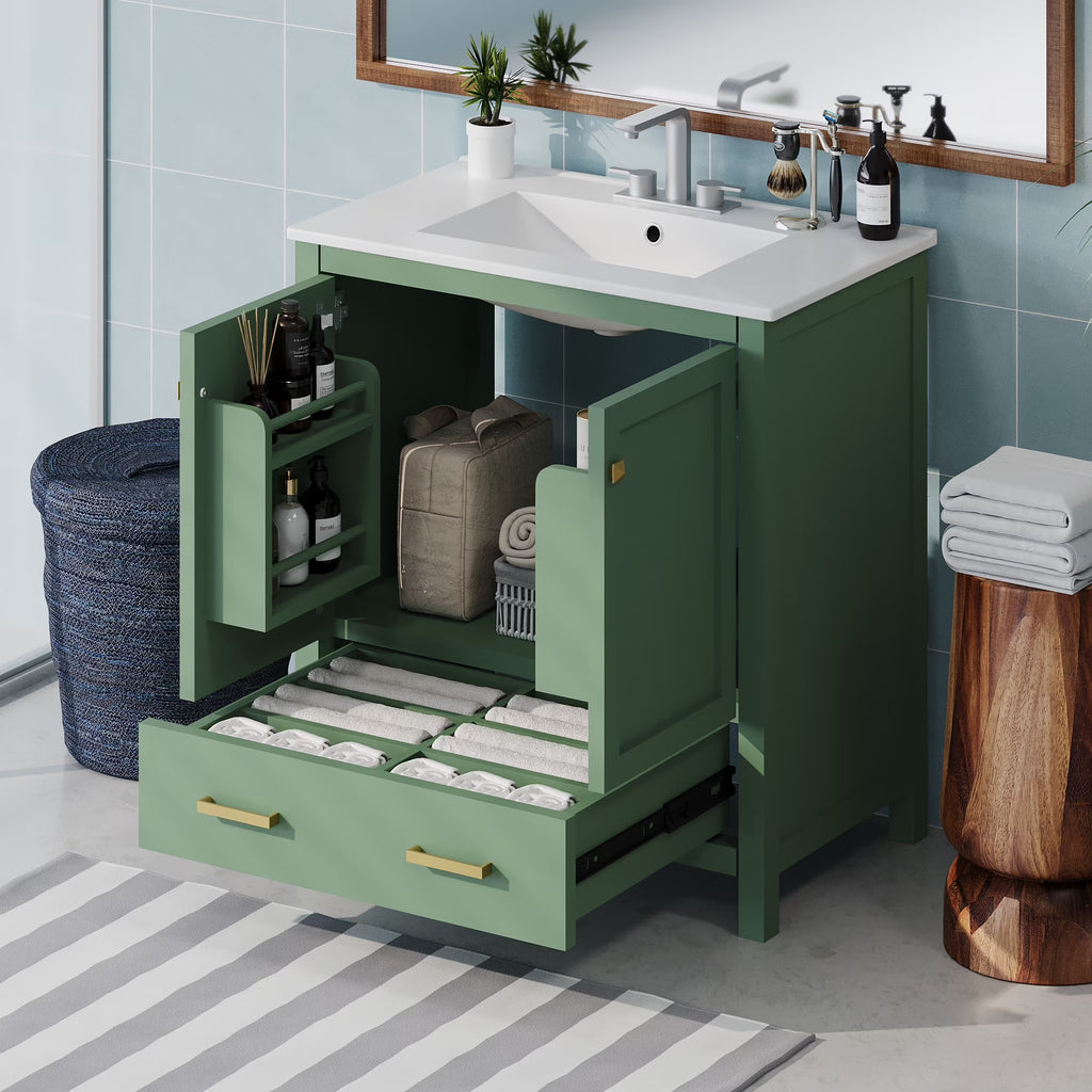 Meuble-lavabo de salle de bains Harper & Bright Designs 30 avec lavabo, armoire de salle de bains avec plateau en céramique, portes et tiroir de rangement multifonctionnels, vert