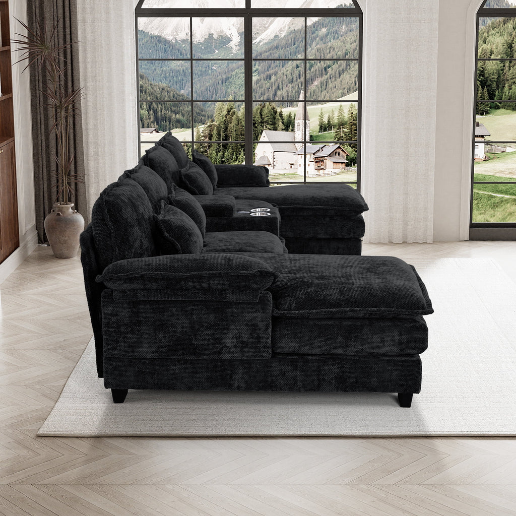 Canapé modulable en U Wiilayok Cloud Couch, méridienne double extra profonde de 124 cm en chenille duveteuse, console centrale avec ports USB-C et A doubles, gris tempête