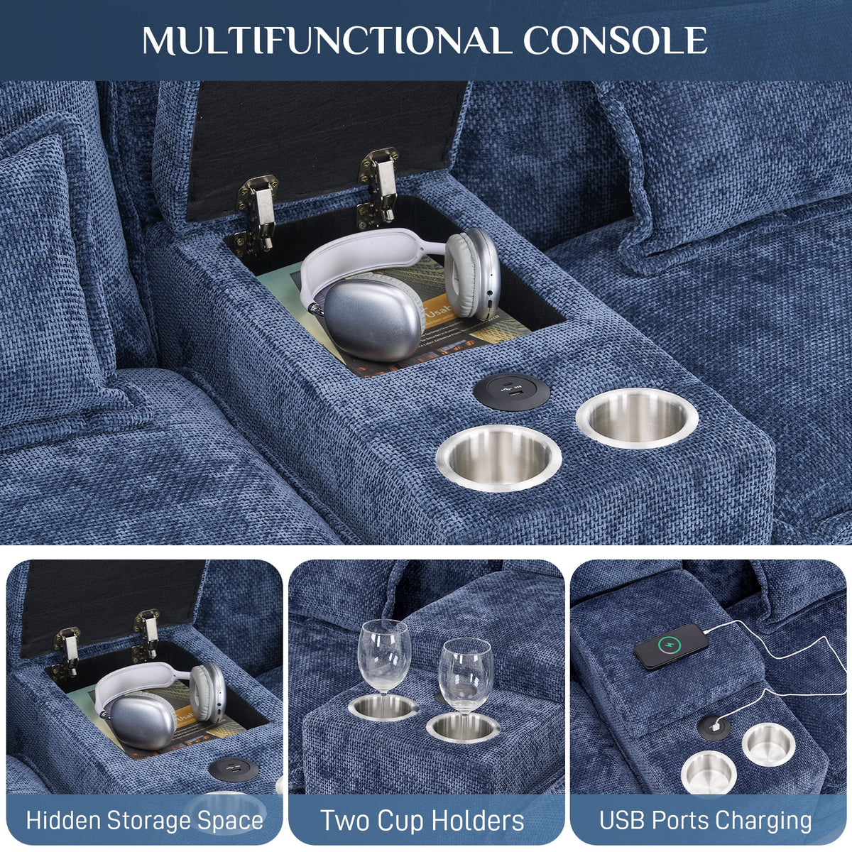 Canapé modulable en U Wiilayok Cloud Couch, méridienne double extra profonde de 124 cm en chenille duveteuse, console centrale avec ports USB-C et A doubles, gris tempête