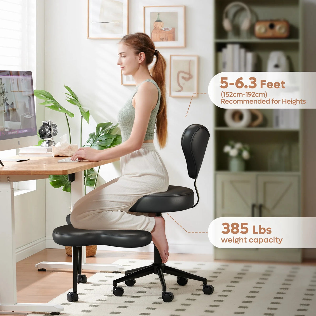 Chaise ergonomique pivotante pour position en tailleur Pinmoco, hauteur réglable et tissu bouclette, chaise de méditation et pour TDAH avec soutien dorsal, pour la maison et le bureau, blanc cassé
