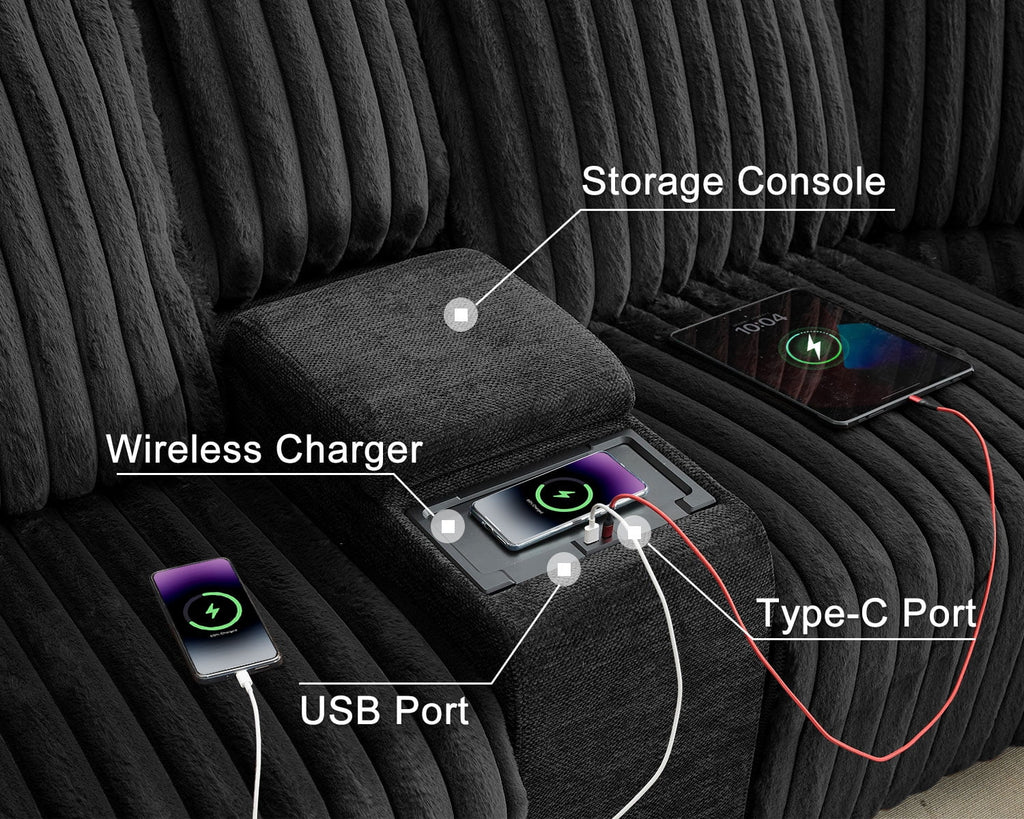 Canapé d’angle inclinable électrique avec chargeur sans fil, 6 places en fausse fourrure avec fauteuils inclinables, porte-gobelets dissimulés, console de rangement, ports USB et Type-C, noir