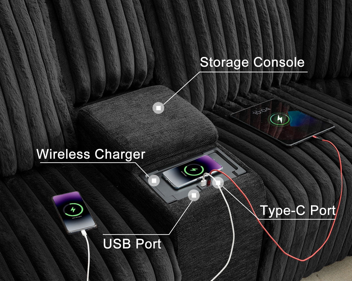 Canapé d’angle inclinable électrique avec chargeur sans fil, 6 places en fausse fourrure avec fauteuils inclinables, porte-gobelets dissimulés, console de rangement, ports USB et Type-C, noir
