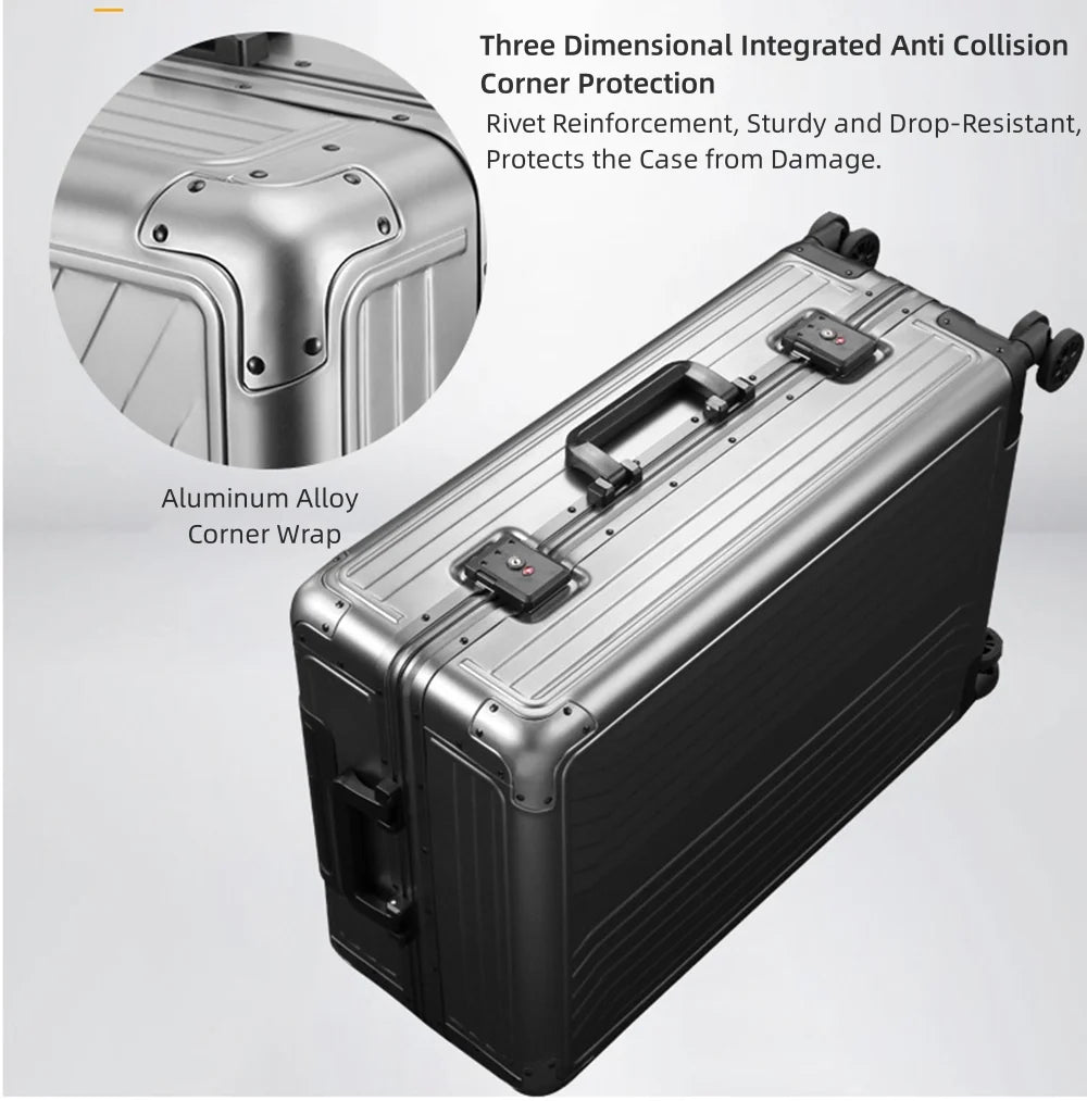 Valise cabine rigide entièrement en aluminium et magnésium avec roulettes, valise en soute rigide moderne sans fermeture éclair avec cadenas TSA, valise en métal approuvée par les compagnies aériennes, bagage roulant en métal