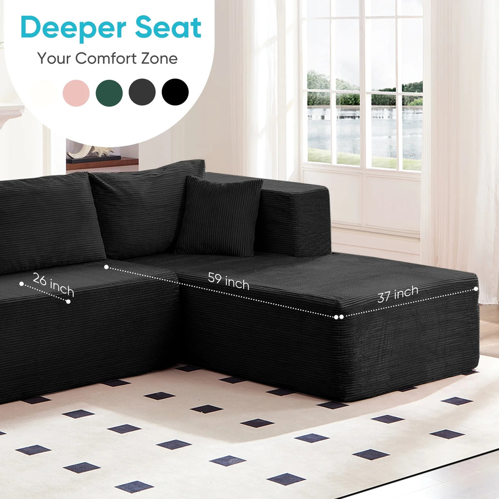 Canapé d’angle ZAFLY 106 Cloud avec méridienne, sans assemblage, canapé-lit en L, canapé modulable surdimensionné à assise profonde pour salon – droite, noir