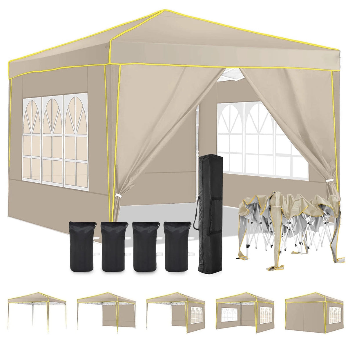 HOTEEL Chapiteau pop-up 10x10 avec murs latéraux, Tente imperméable pour fêtes et événements de mariage, Gazébo d'extérieur instantané avec sac de transport, piquets, cordes et sacs de sable, Noir