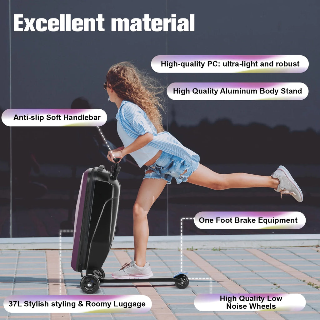 Valise à roulettes Advwin pour enfants et adultes, valise rigide sur laquelle les enfants de 4 à 15 ans peuvent rouler, bagage cabine multifonction léger et pliable avec roulettes, pour enfants et adolescents, rose