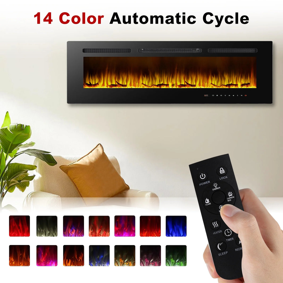 Cheminée électrique 60, cheminée encastrable ultra-fine et murale, cheminée linéaire avec minuterie, télécommande, couleur de flamme réglable, 750 w/1 500 w, noire