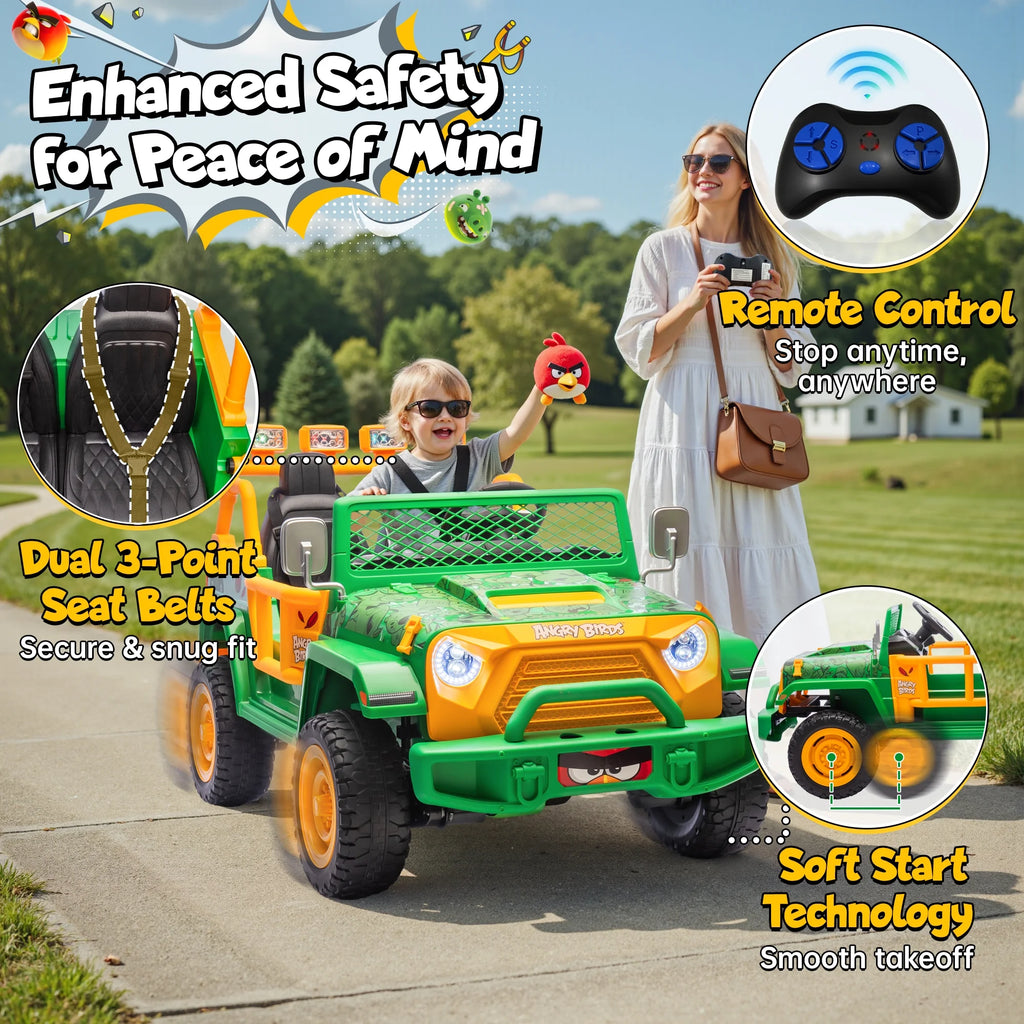Jouets électriques Joyracer 24 volts pour grands enfants, camion sous licence Angry Birds avec télécommande, véhicule électrique 4x4 à 2 places avec pelle, Bluetooth, lumières, roues de voiture électrique, pour enfants de 3 à 8 ans, jusqu’à 59 kg, vert