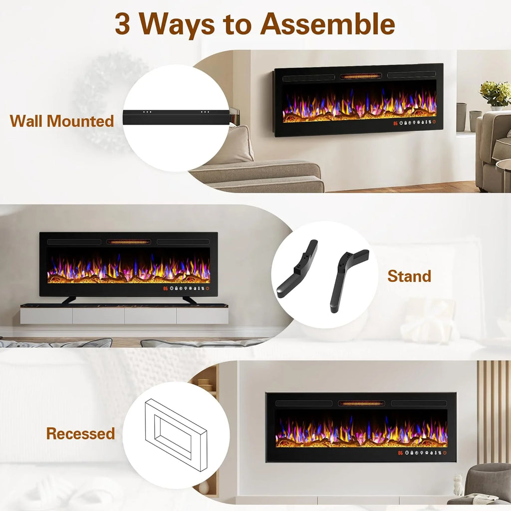 Cheminée électrique 60, cheminée encastrable ultra-fine et murale, cheminée linéaire avec minuterie, télécommande, couleur de flamme réglable, 750 w/1 500 w, noire