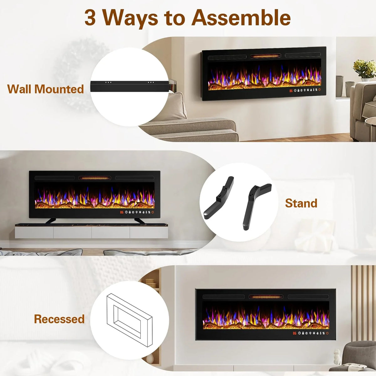 Cheminée électrique 60, cheminée encastrable ultra-fine et murale, cheminée linéaire avec minuterie, télécommande, couleur de flamme réglable, 750 w/1 500 w, noire