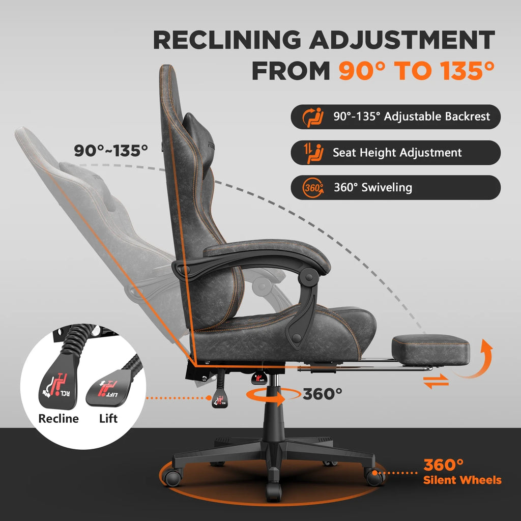 Fauteuil gaming Luxvie avec repose-pieds, fauteuil de bureau ergonomique pour ordinateur avec massage, soutien lombaire et appui-tête, dossier haut, style vintage, pour adultes et enfants, noir