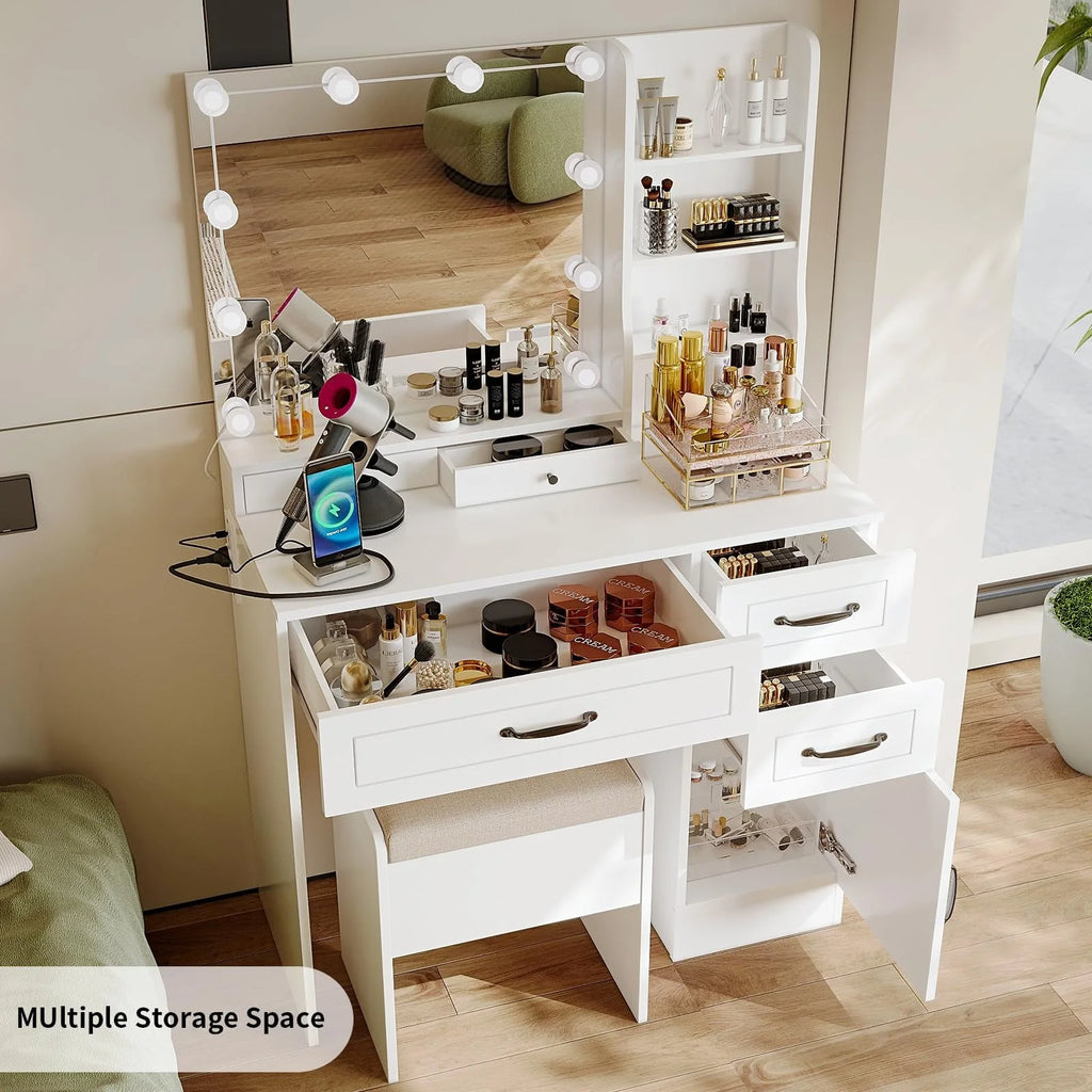 Coiffeuse RichYa avec miroir lumineux, prise électrique, tiroirs et armoire pour chambre à coucher, blanc