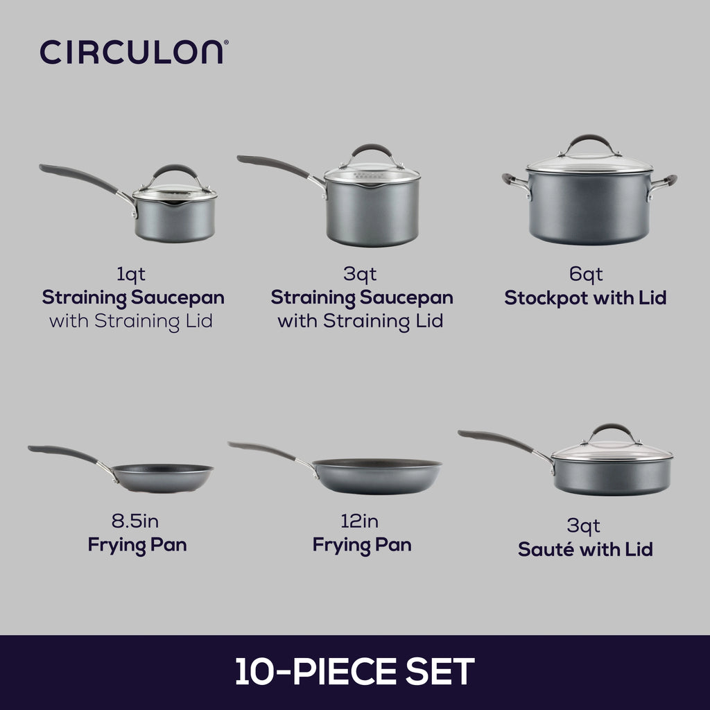 Batterie de cuisine antiadhésive en aluminium Circulon A1 Scratch Defense de 10 pièces, acier inoxydable moulé