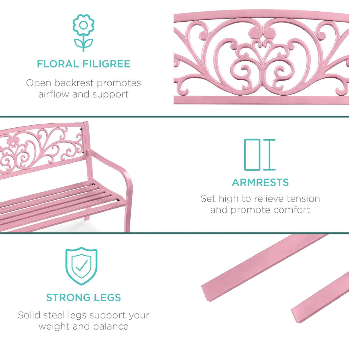 Best Choice Products Banc en Acier d'Extérieur Jardin Patio Porche Meuble avec Dossier à Motif Floral - Noir