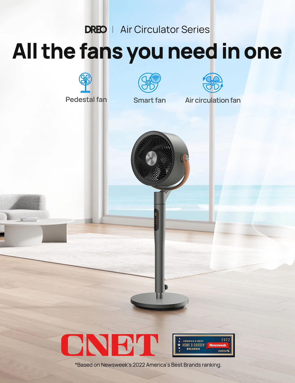 Ventilateur sur pied Dreo avec télécommande, ventilateur silencieux de 43 po pour la maison et la chambre, ventilateur intelligent oscillant 120+105 avec Wi-Fi/commande vocale, compatible avec Alexa/Google, 6 modes, 8 vitesses, minuterie 12 h