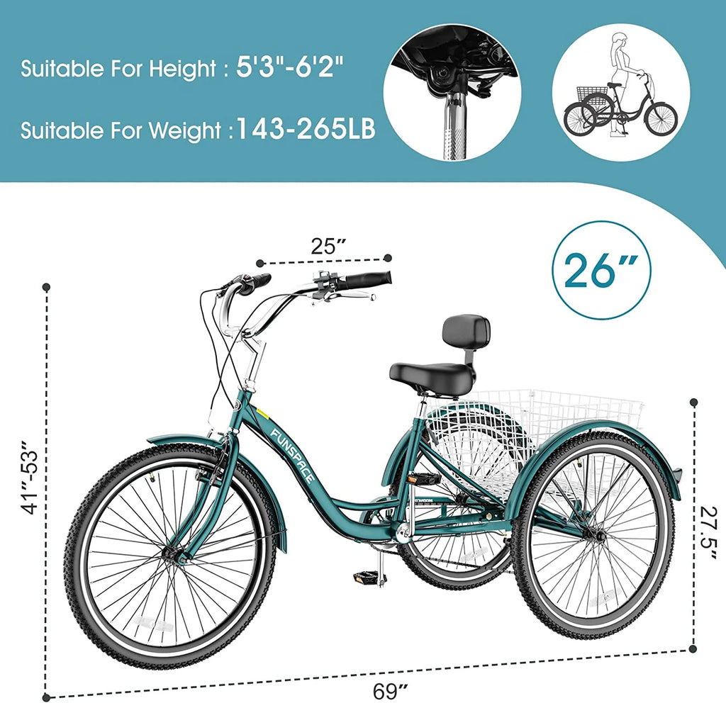 Tricycles pour adultes MOONCOOL avec panier arrière et pompe à pied, vélos à 3 roues 7 vitesses de 24 et 26 pouces, vélo à trois roues pour adultes avec dossier pour seniors, femmes et hommes