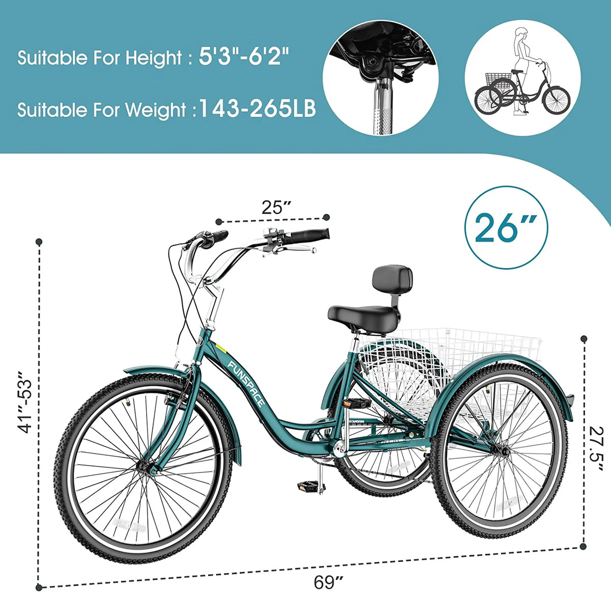 Tricycles pour adultes MOONCOOL avec panier arrière et pompe à pied, vélos à 3 roues 7 vitesses de 24 et 26 pouces, vélo à trois roues pour adultes avec dossier pour seniors, femmes et hommes