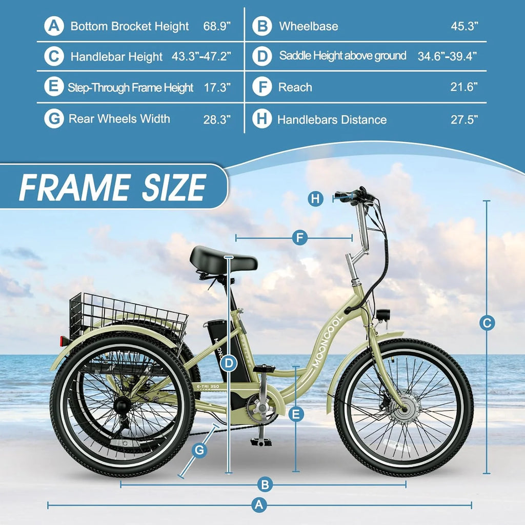 Tricycles électriques ABORON 24 26, batterie au lithium 36 V 10 Ah 350 W, triporteur électrique 7 vitesses pour adultes avec grand panier arrière et siège réglable