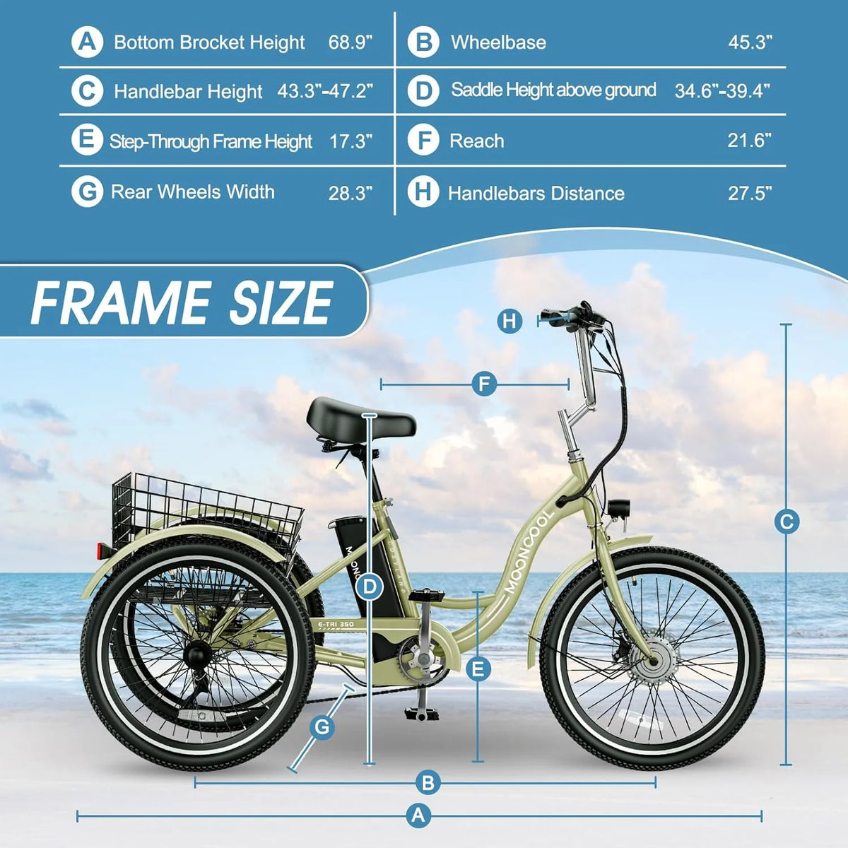 Tricycles électriques ABORON 24 26, batterie au lithium 36 V 10 Ah 350 W, triporteur électrique 7 vitesses pour adultes avec grand panier arrière et siège réglable